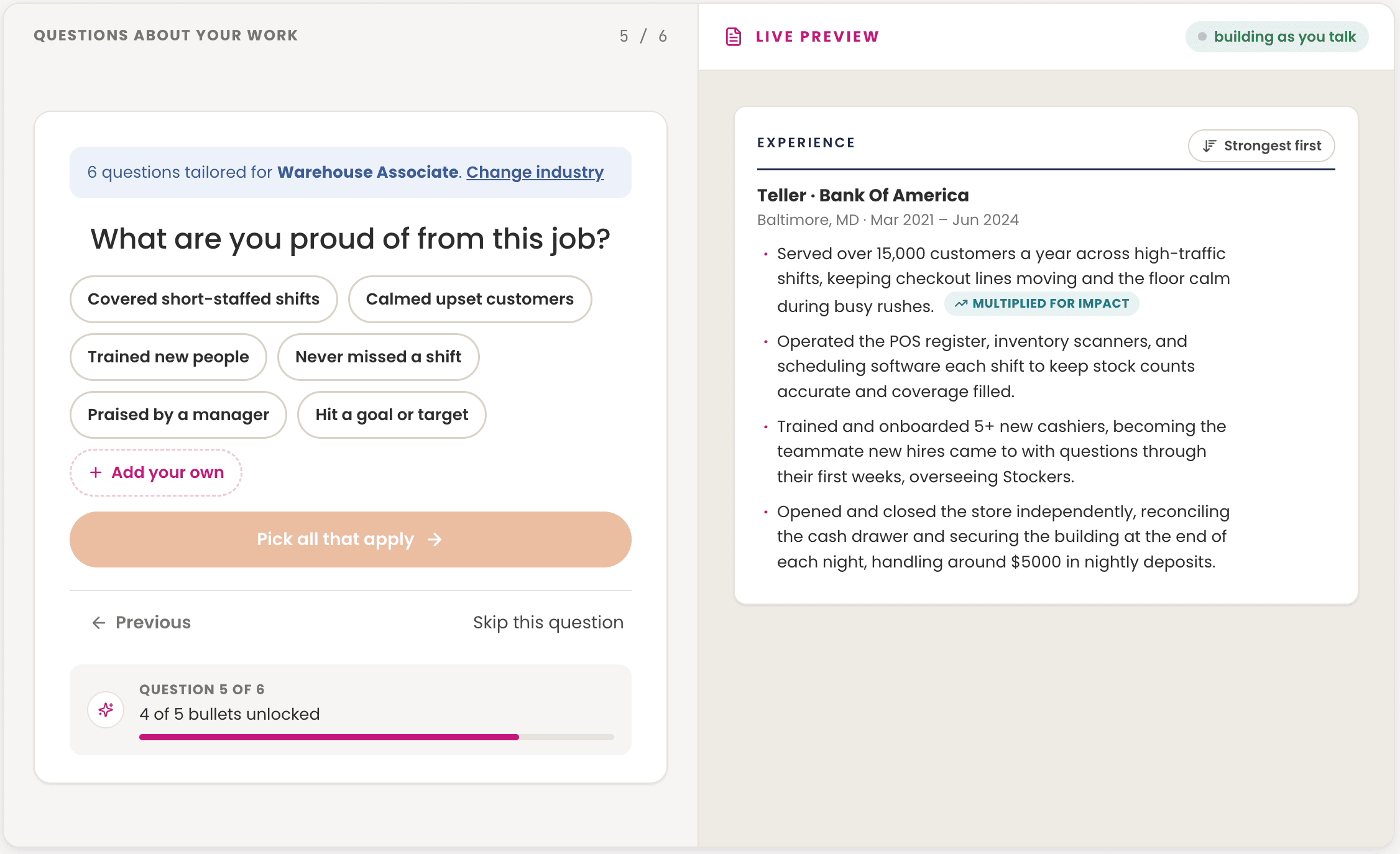 RS Works resume module with guided work questions and a live preview building beside them