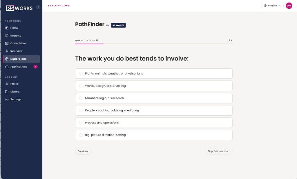 PathFinder assessment asking what kind of work the jobseeker does best