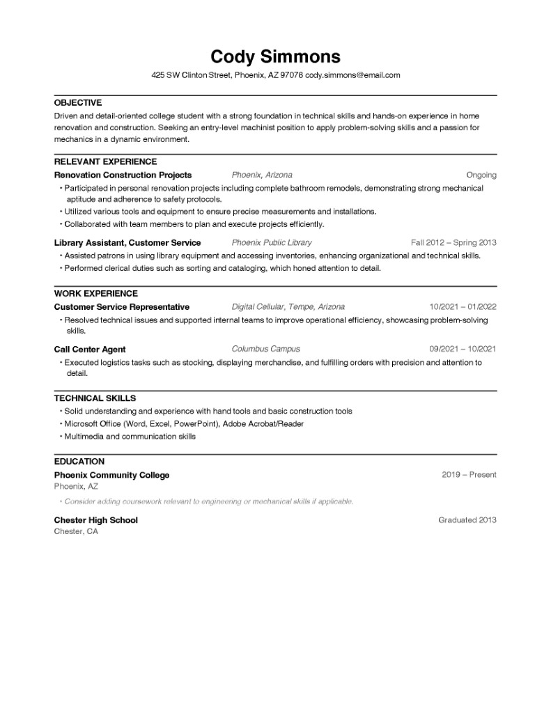CareerVillage resume for Cody Simmons