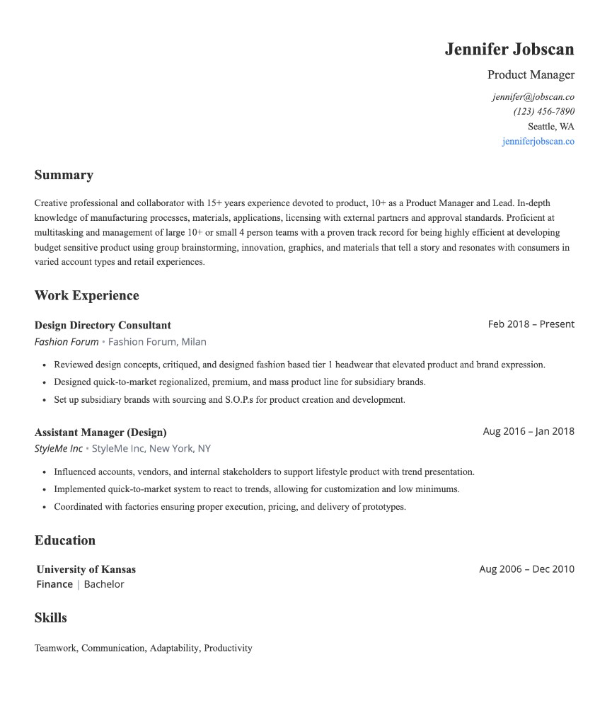 Jobscan type-over resume template for Jennifer Jobscan, Product Manager