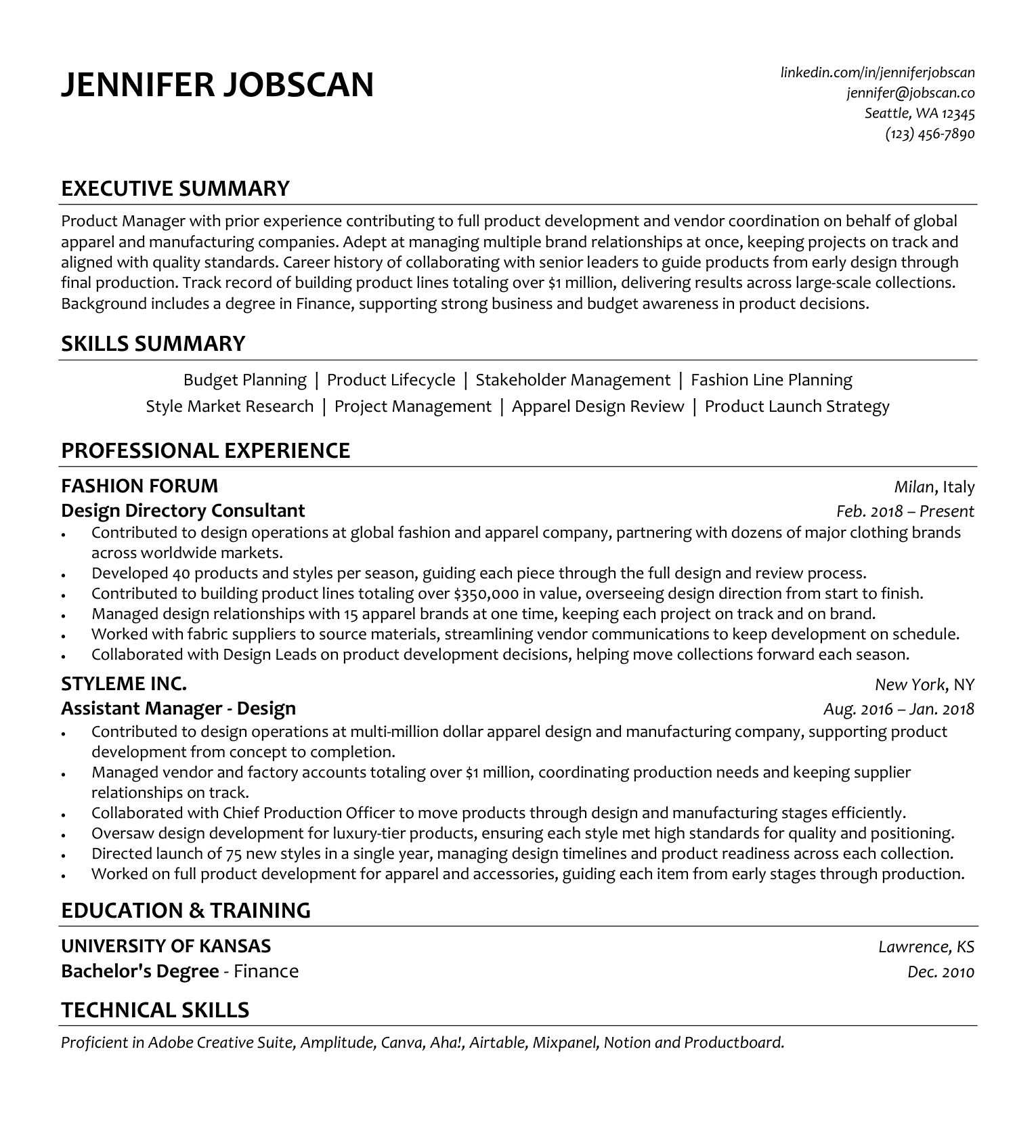 RS Works resume for Jennifer Jobscan, Product Manager