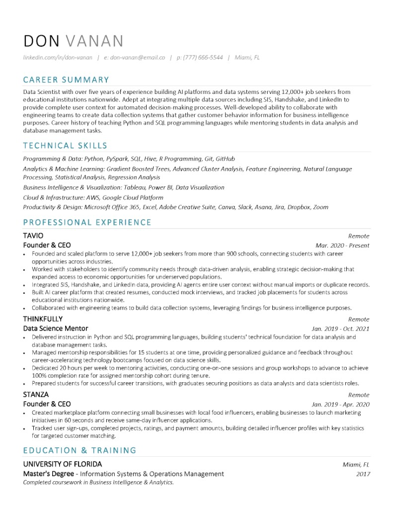 RS Works resume for Don Vanan
